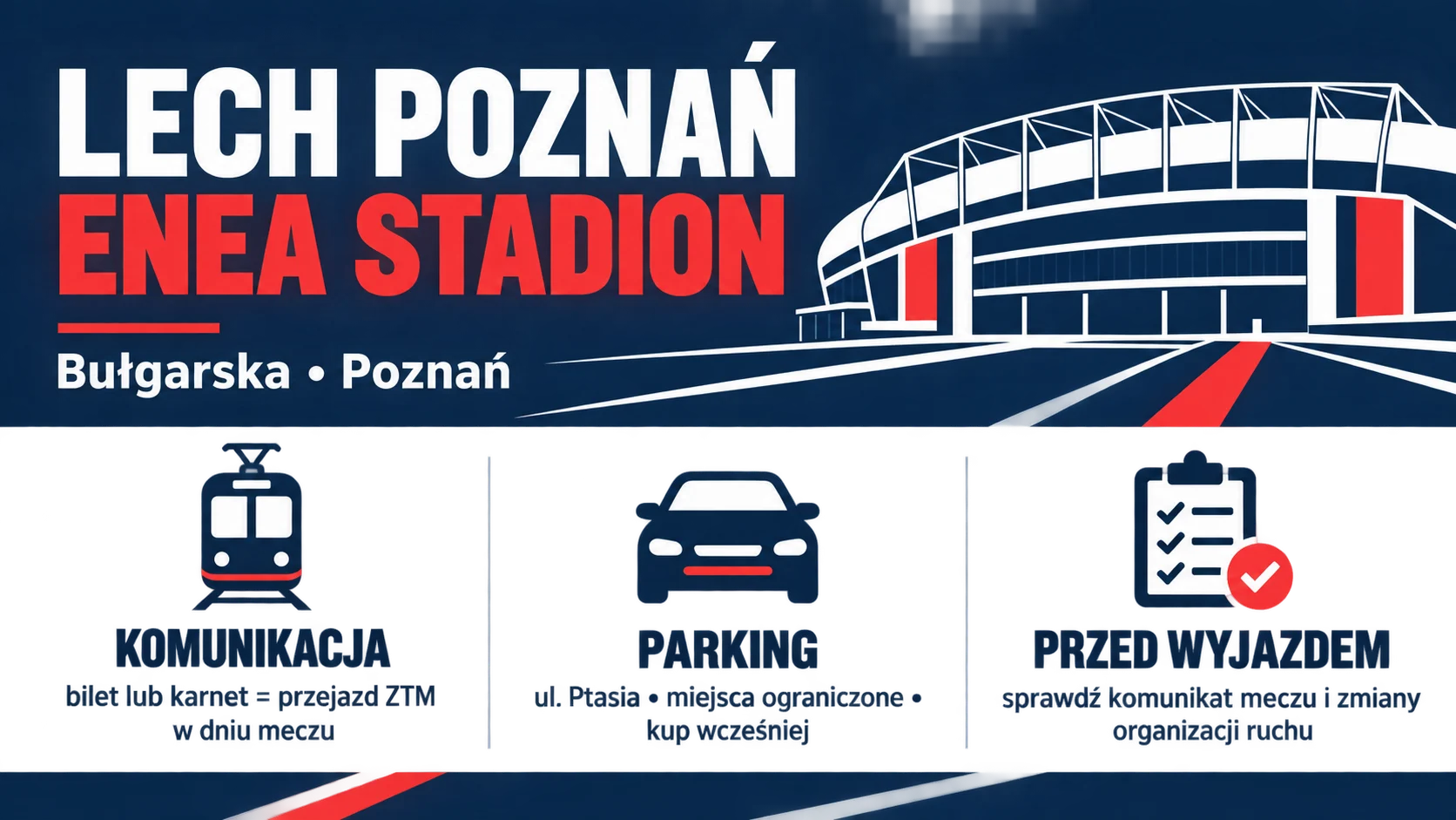 Infografika: jak dojechać na Enea Stadion Lecha Poznań, komunikacja i parking