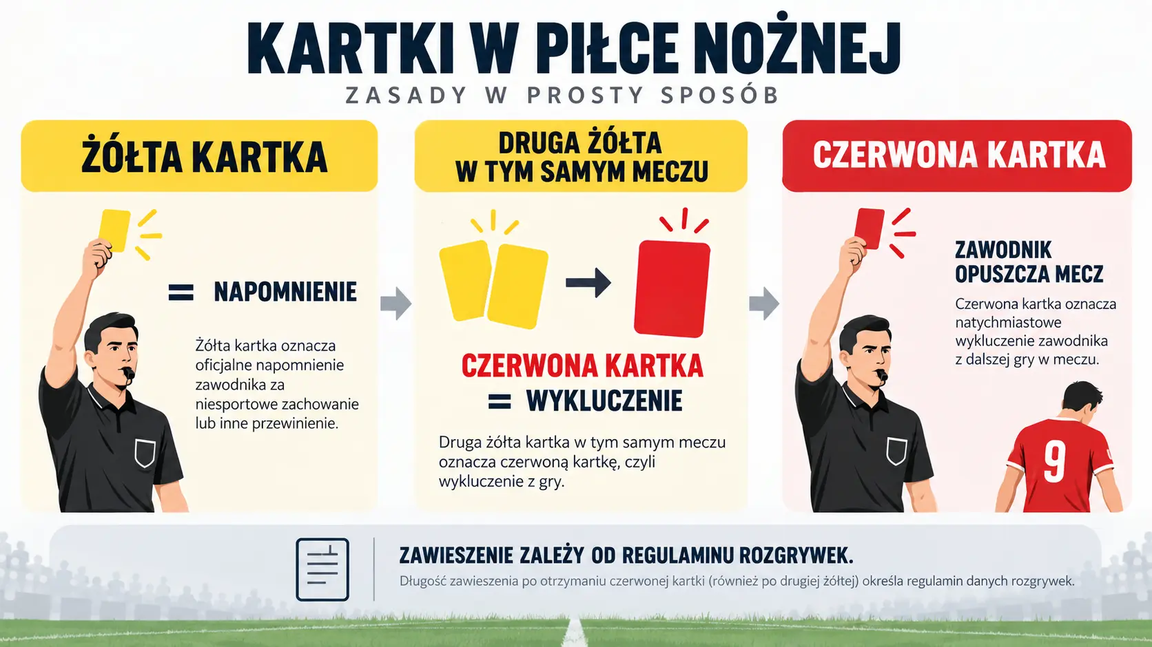 Infografika pokazuje różnicę między żółtą i czerwoną kartką, drugą żółtą kartką oraz zawieszeniem