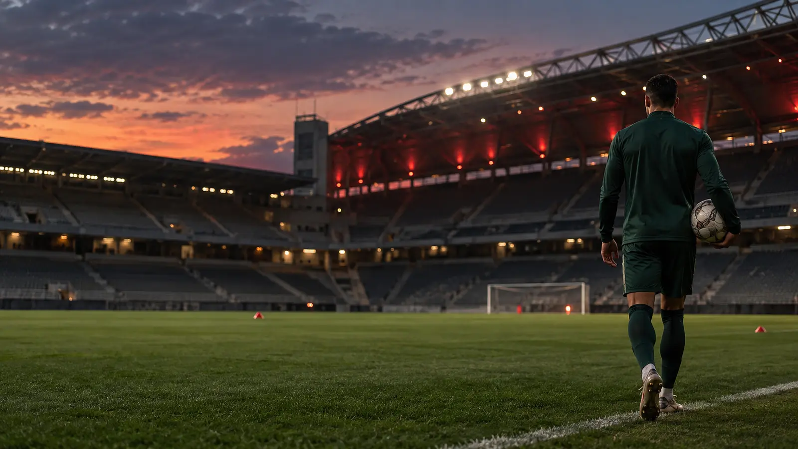 Neutralna grafika przedstawiająca obrońcę na stadionie w kontekście możliwego transferu